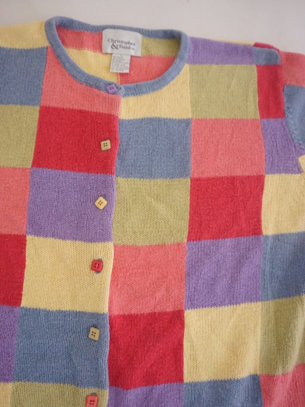 Vintage Christopher & Banks Multicolor Check Plaid Button Knit Cardigan L - Picture 6 of 9